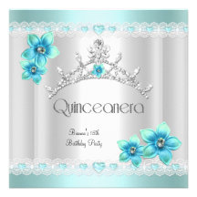 Quinceanera 15th White Teal Blue Silver Tiara Announcements