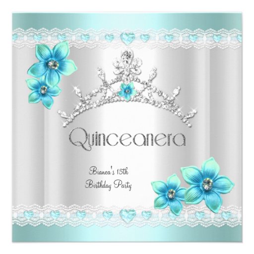 Quinceanera 15th White Teal Blue Silver Tiara Announcements