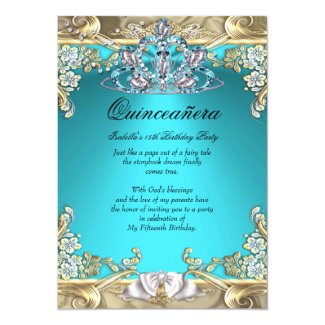 Quinceanera Aqua Teal Gold 15th Birthday Party 5x7 Paper Invitation Card