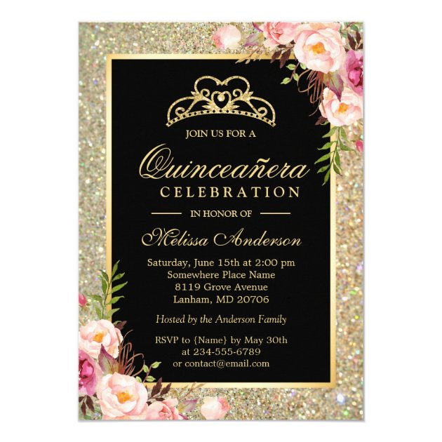Quinceanera Birthday Floral Gold Glitter Sparkles Card (front side)