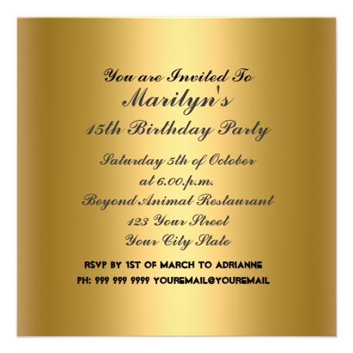 Quinceanera Birthday Party  Gold Personalized Announcements