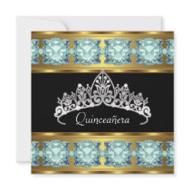 Quinceañera Birthday Party Gold Teal Jewels Custom Invitation