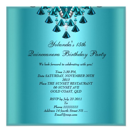 Quinceanera Birthday Party Teal Blue Personalized Invites