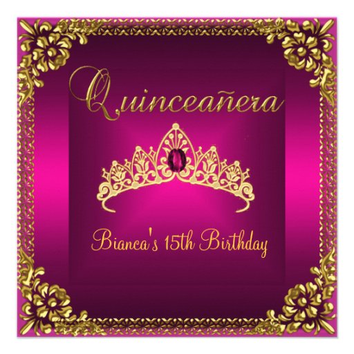 Quinceanera Birthday Pink Tiara Gold Gem Jewel Invitation