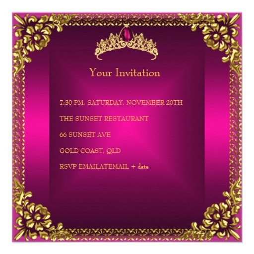 Quinceanera Birthday Pink Tiara Gold Gem Jewel Invitation