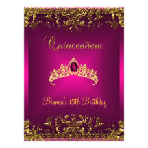 Quinceanera Birthday Pink Tiara Gold Gem Jewel Custom Invitation