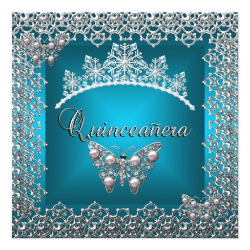 Quinceanera Birthday Teal Silver Tiara Butterfly Announcement