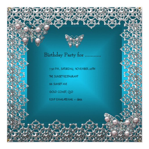Quinceanera Birthday Teal Silver Tiara Butterfly Announcement