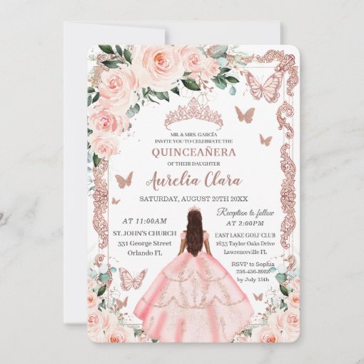 Quincea Era Blush Pink Floral Rose Gold Princess Invitation Zazzle