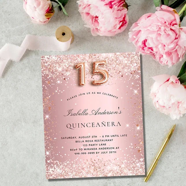 Quinceanera Blush Pink Rose Gold Budget Invitation Flyer Zazzle