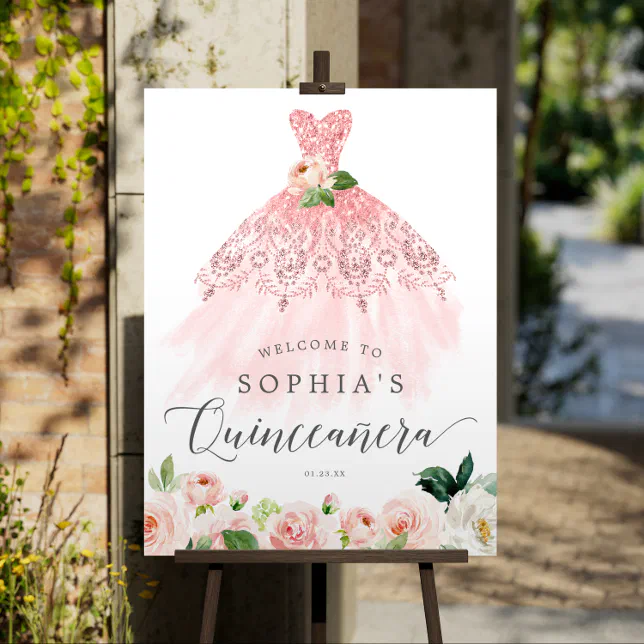 Quinceanera Elegant Floral Dress Welcome Sign Zazzle