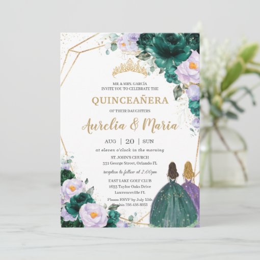 Quincea Era Emerald Green Lilac Floral Roses Twins Invitation Zazzle