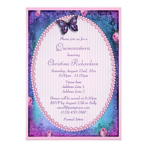 Quinceañera Faux Glitter, Butterfly, Roses & Lace Custom Invitation