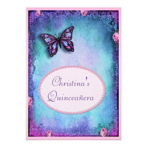 Quinceañera Faux Glitter, Butterfly, Roses & Lace Custom Invitation