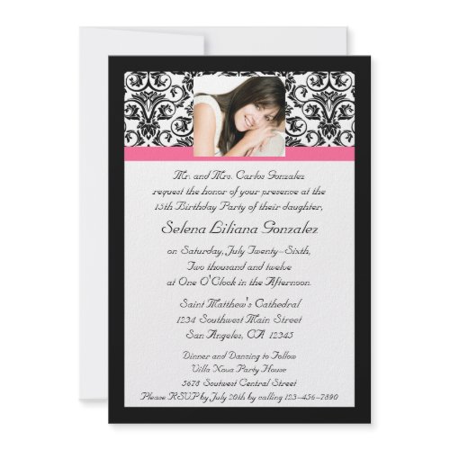 Quinceanera Invitations Fushcia Damask Pink and Black invitation