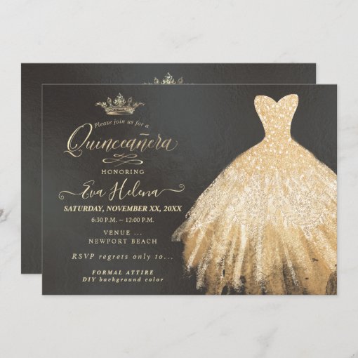 Quinceañera Glitters Gown Faux Gold Invitation Zazzle