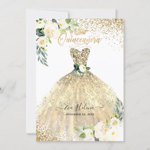 Quincea Era Gold Glitters Gown Cream Roses Invitation Zazzle