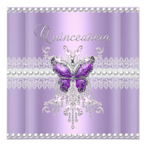 Quinceanera Lilac Pink Pearl Lace Butterfly Personalized Invitation