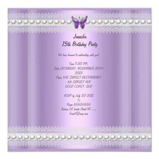 Quinceanera Lilac Pink Pearl Lace Butterfly Personalized Invitation