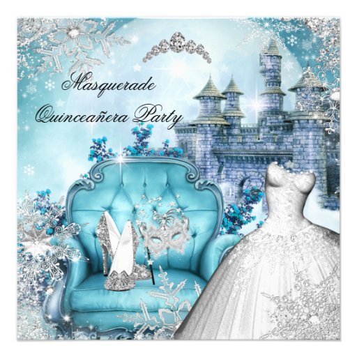 Quinceanera Masquerade Magical Princess Blue Personalized Invites (front side)