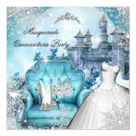 Quinceanera Masquerade Magical Princess Blue 5.25x5.25 Square Paper Invitation Card