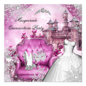 Quinceanera Masquerade Magical Princess Pink 5.25x5.25 Square Paper Invitation Card