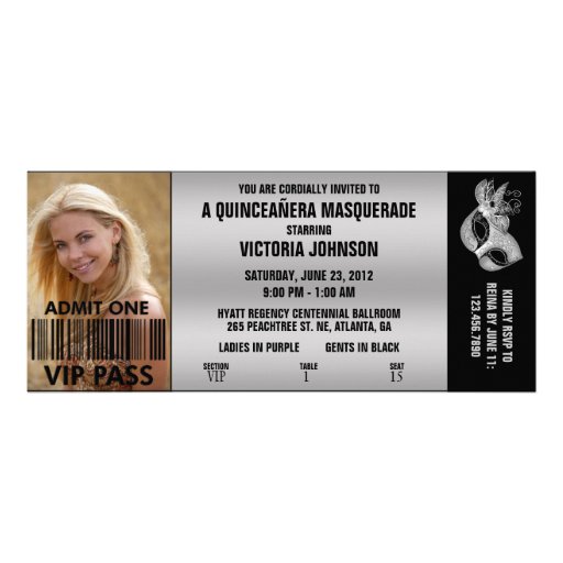 Quinceañera Masquerade VIP Admission Ticket Custom Announcement (front side)