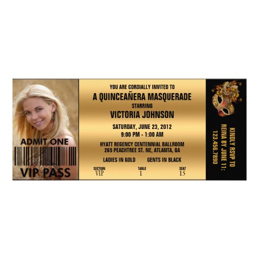 Quinceañera Masquerade VIP Admission Ticket Invitations (front side)