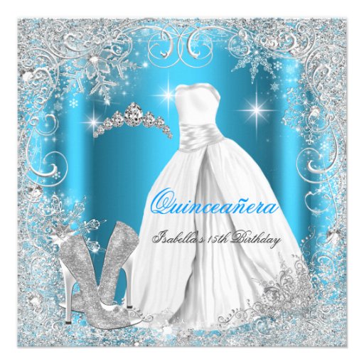 Quinceanera Party Blue Silver Winter Snowflakes Invite