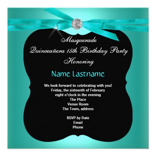 Quinceanera Party Masquerade Teal Black Custom Invitation