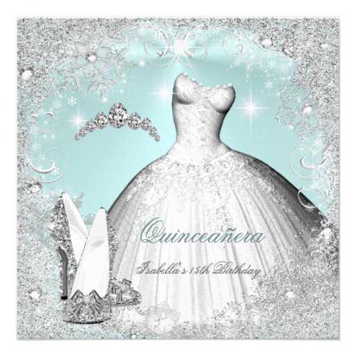 Quinceanera Party Mint Blue Silver Snowflakes Personalized Announcement