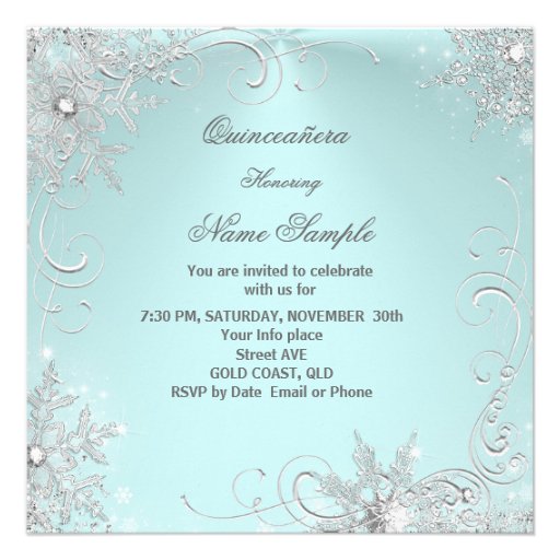 Quinceanera Party Mint Blue Silver Snowflakes Personalized Announcement