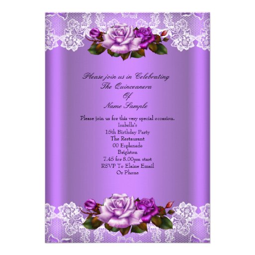 Quinceanera Party Purple Pink Roses White Lace Invitation