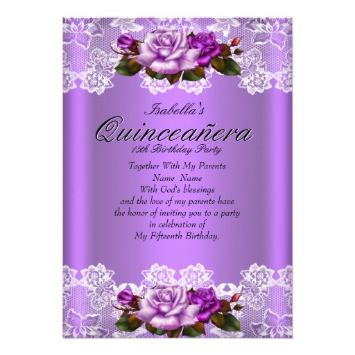 Quinceanera Party Purple Pink Roses White Lace Invitation