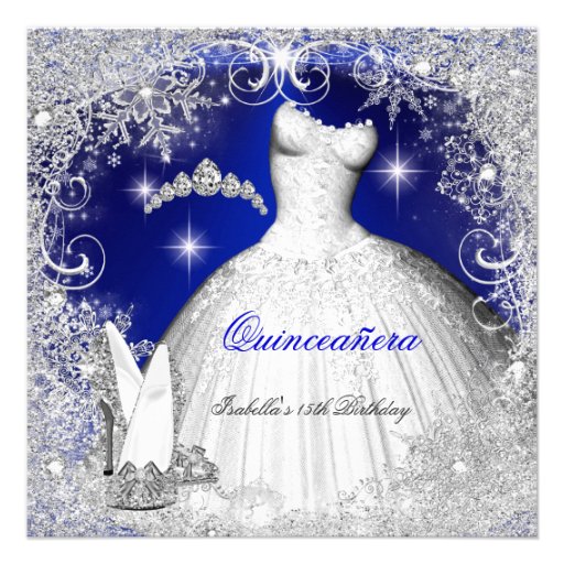 Quinceanera Party Royal Blue Winter Snowflakes Announcement