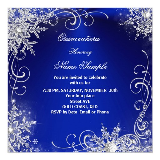 Quinceanera Party Royal Blue Winter Snowflakes Announcement