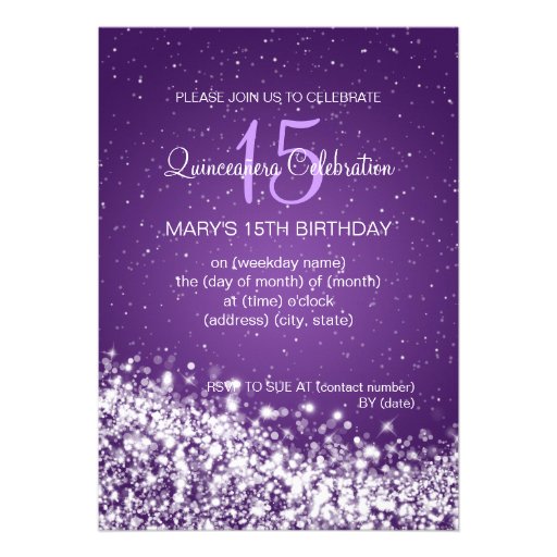 Quinceañera Party Sparkling Wave Purple Custom Invite