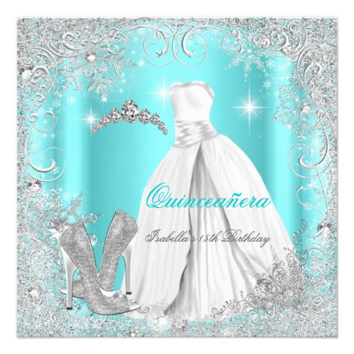 Quinceanera Party Teal Blue Silver Snowflakes Custom Announcement
