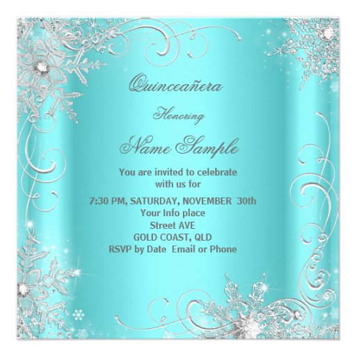 Quinceanera Party Teal Blue Silver Snowflakes Custom Announcement