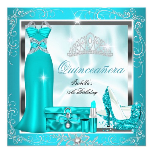 Quinceanera Party Teal Blue Silver Snowflakes S4 Invites