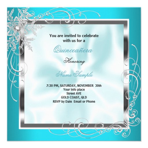 Quinceanera Party Teal Blue Silver Snowflakes S4 Invites