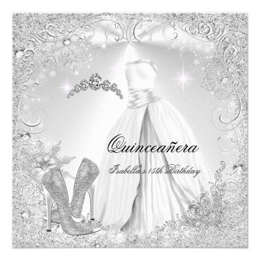 Quinceanera Party White Silver Winter Snowflakes 2 Personalized Invitations