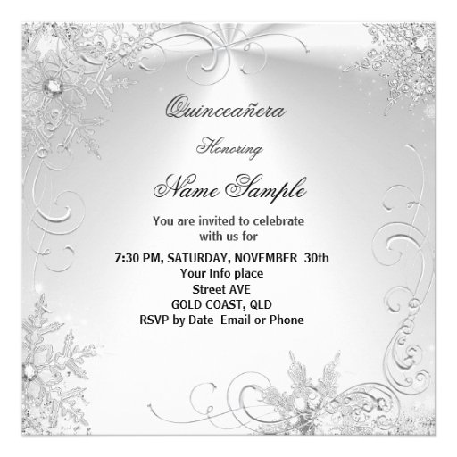 Quinceanera Party White Silver Winter Snowflakes 2 Personalized Invitations