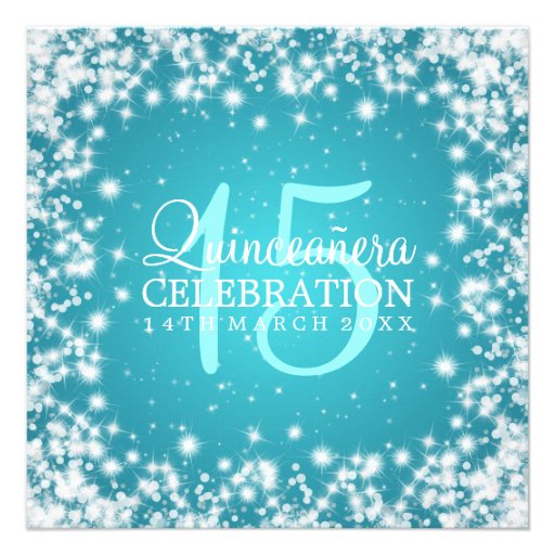 Quinceañera Party Winter Sparkle 2 Turquoise Custom Announcements