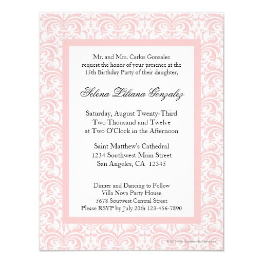 Quinceanera Pink Damask Soft Pink and White Personalized Invitations