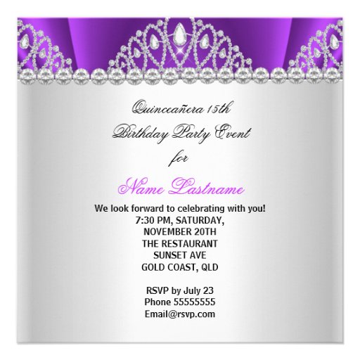 Quinceanera Princess Purple White Diamond Tiara Custom Invitation