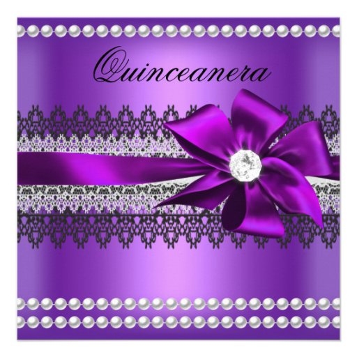 Quinceanera Purple Bow Black Pearl Lace Diamond Personalized Invite
