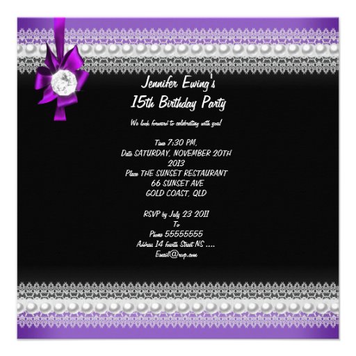 Quinceanera Purple Bow Black Pearl Lace Diamond Personalized Invite