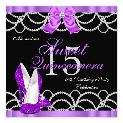 Quinceanera Purple Sweet 15 Party Glitter Black Personalized Invite