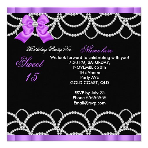Quinceanera Purple Sweet 15 Party Glitter Black Personalized Invite